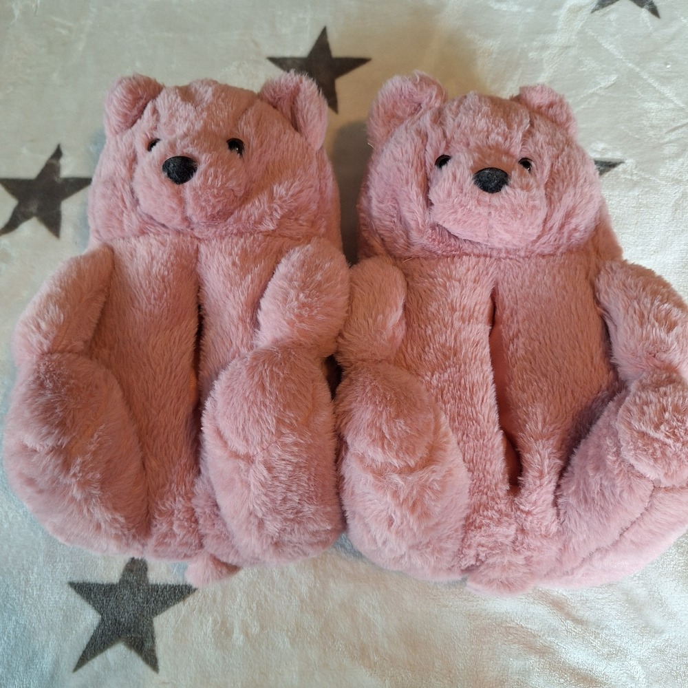 Fuzzy Teddy Bear Slippers Pink Size 9 Women's Cozy Plush Bootie Shoes